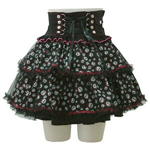 リボンスカル柄ハイウエスト2段ギャザースカート P058 ゴスロリ♪ロリータ♪パンク♪コスプレ♪コスチューム♪メイド