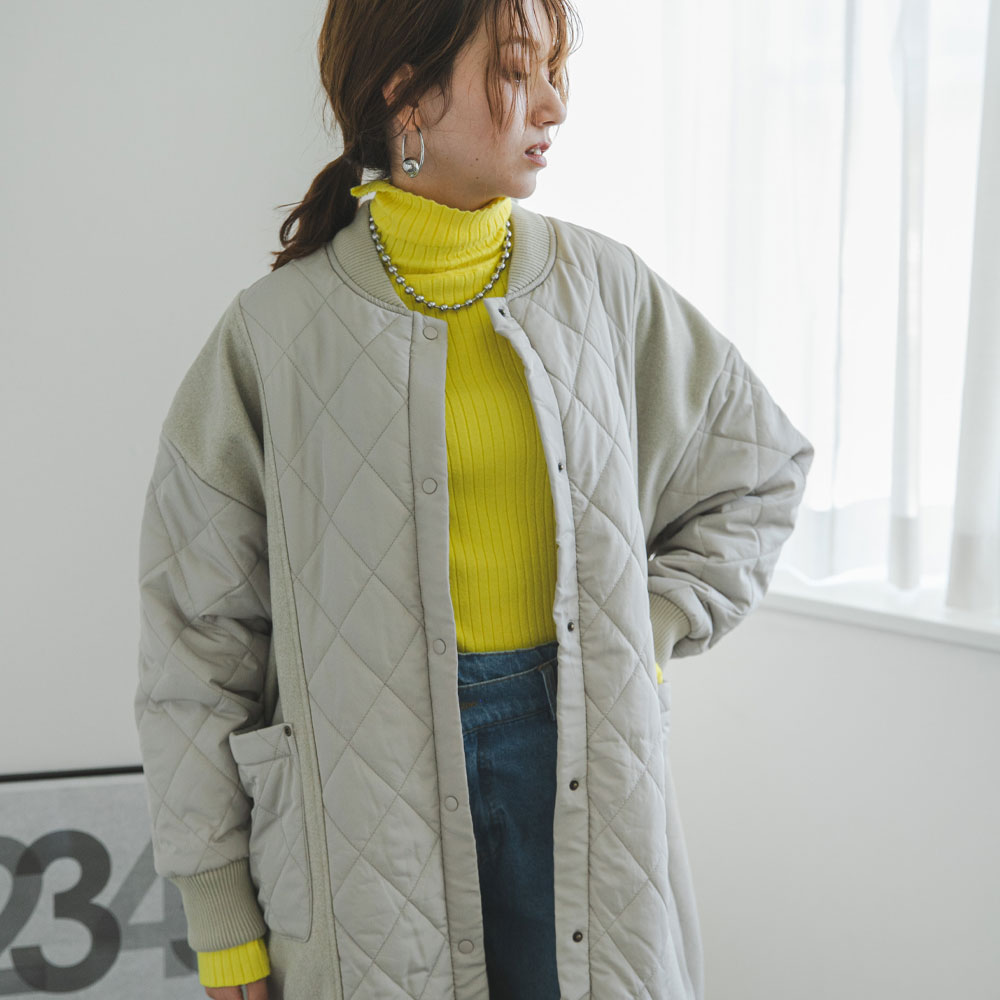 異素材キルティング×フェイクウールロングコート レディース アウター コート 秋 冬 ベージュ グレー M L <strong>bohmal</strong> ママコーデ ママカジュアル 大人カジュアル 異素材ミックス メルトン 主役級 保温性 防寒 スタイリッシュ こなれ感 夢展望