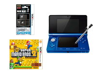 ニンテンドー3DS コバルトブルー + ニンテンドー3DS専用 液晶画面保護フィルム + New スーパーマリオブラザーズ 2の画像