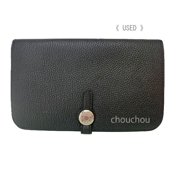 【未使用品】【中古】【送料無料】 HERMES エルメス ドゴン デュオ GM トゴ 黒 ブラック シルバー金具 Q刻印 箱リボン付き