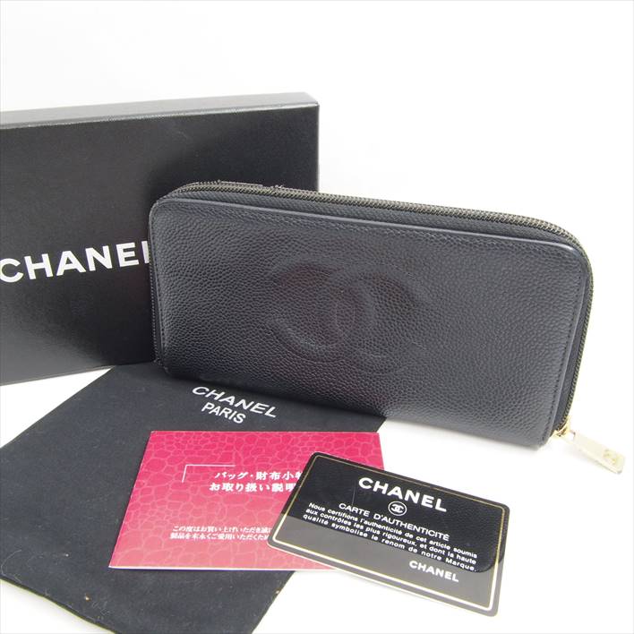 CHANELシャネルキャビアスキンココマークラウンドジップウオレット【中古】