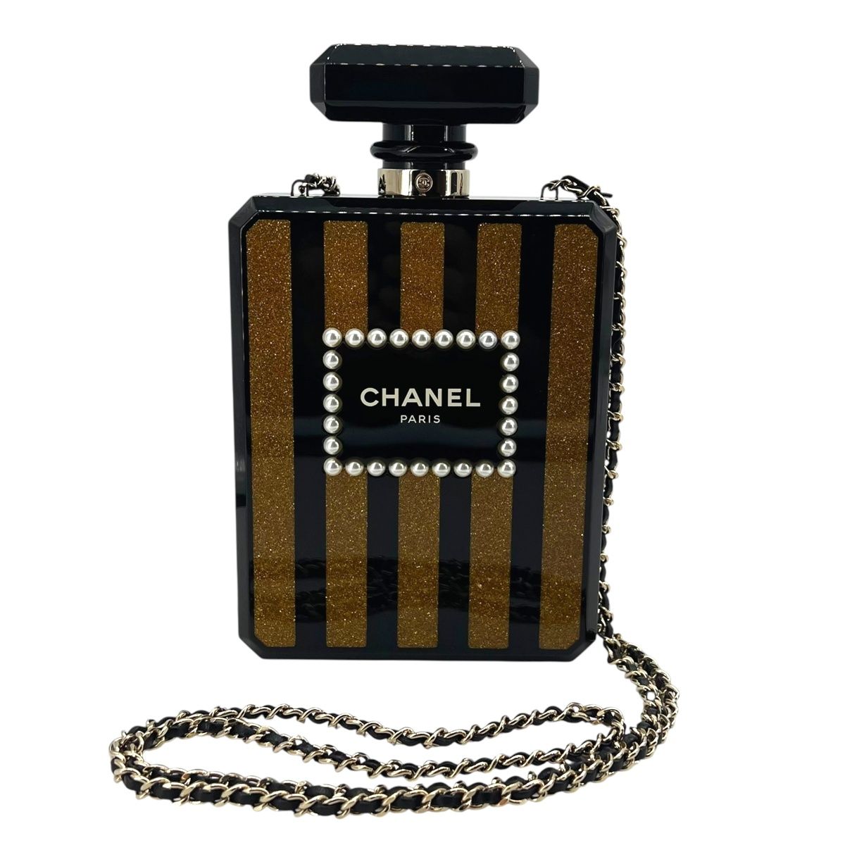【中古】 CHANEL シャネル 23番台 ロゴマニア プラスチックパフュームボトル チェーンショルダーバッグ 香水ボトル ブラック/ゴールド 25019577 SA
