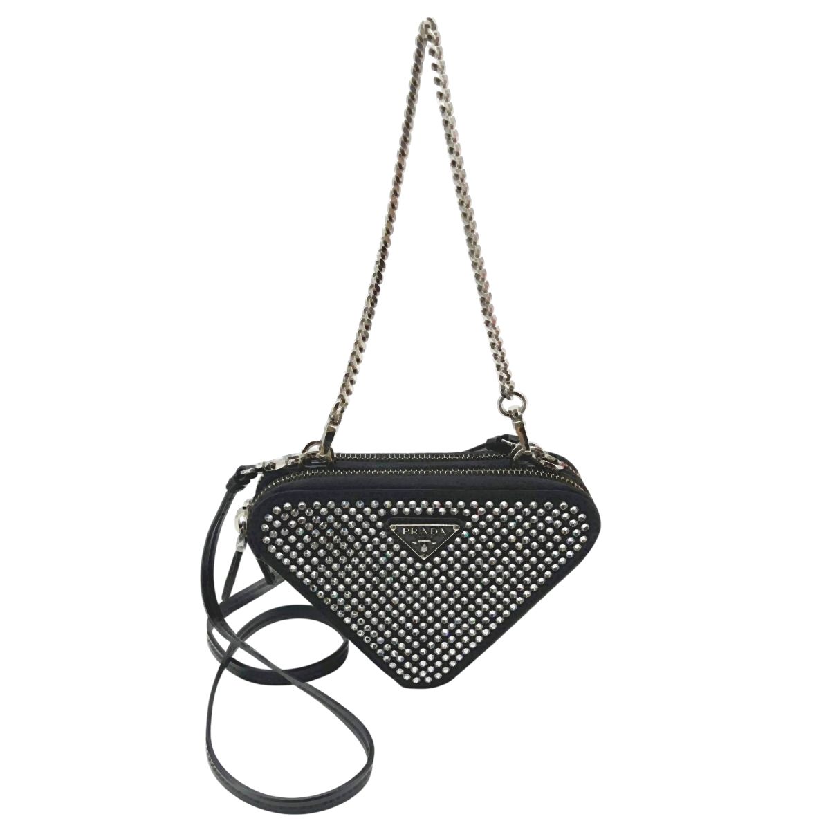 【中古】 PRADA プラダ トライアングル ビジュー チェーンポーチ1NR015 ブラック ラインストーン レザー 三角プレート シルバー ショルダーポーチ レディース 24006073 HO