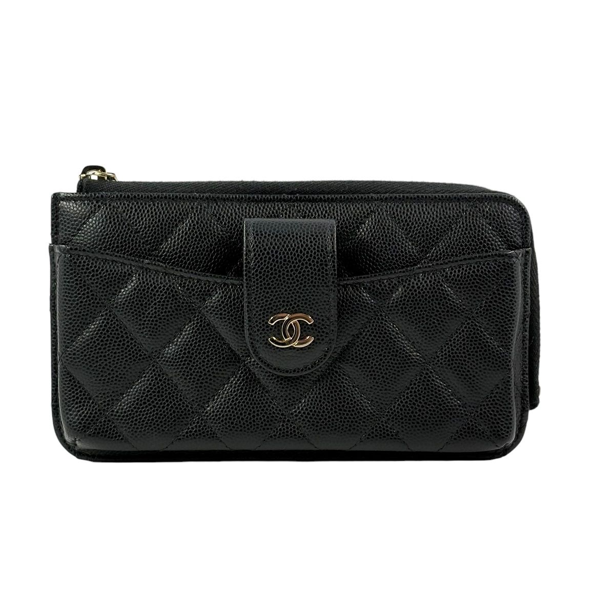 【中古】 CHANEL シャネル フラグメントポーチ マトラッセ AP2436 31番台 キャビアスキン レザー BK 黒 スマホケース カードケース レディース 24028214 AS