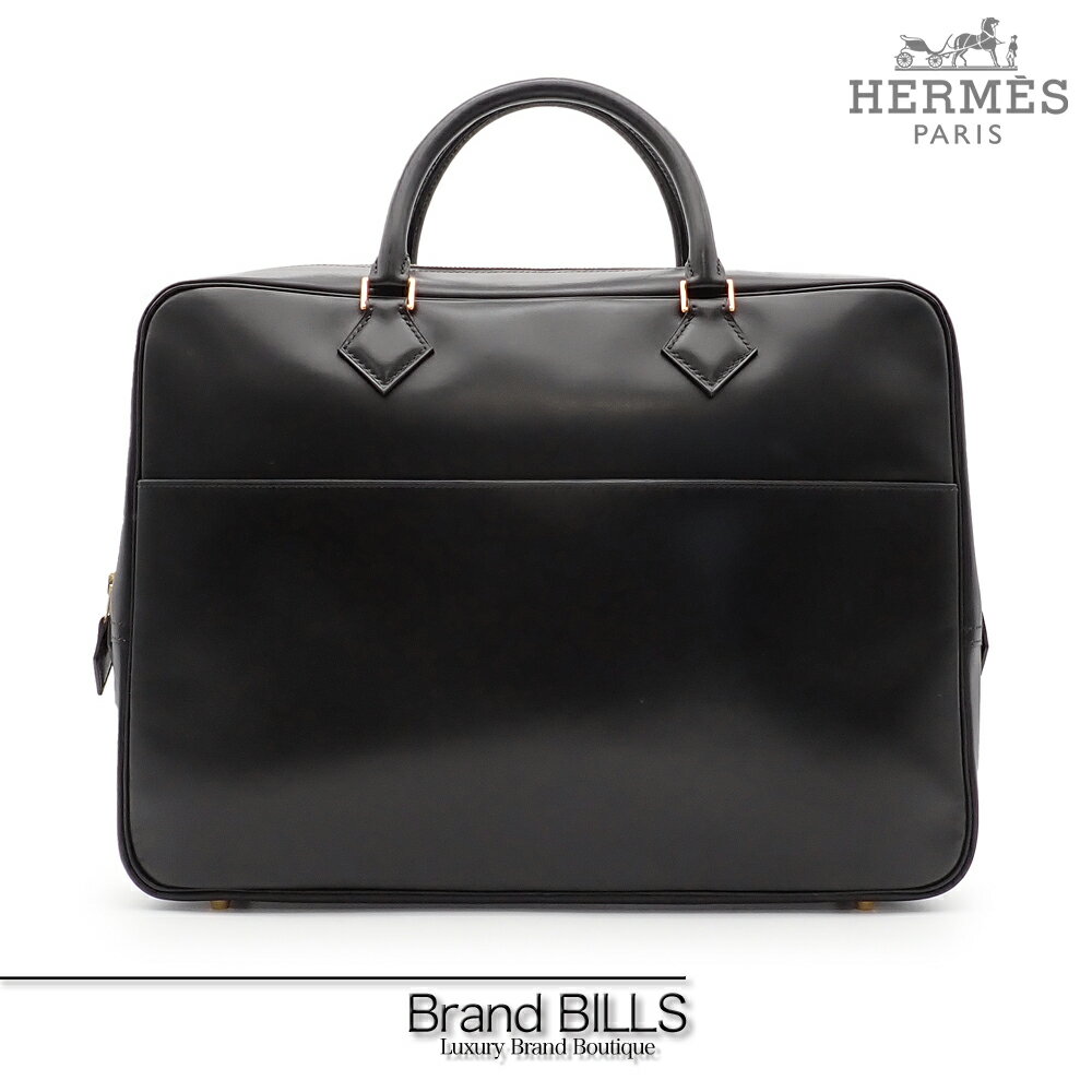 美品 HERMES エルメス プリュムドッグ ビジネスバッグ ハンドバッグ ボックスカーフ ブラック ゴールド金具 □G刻印 送料無料 【中古】