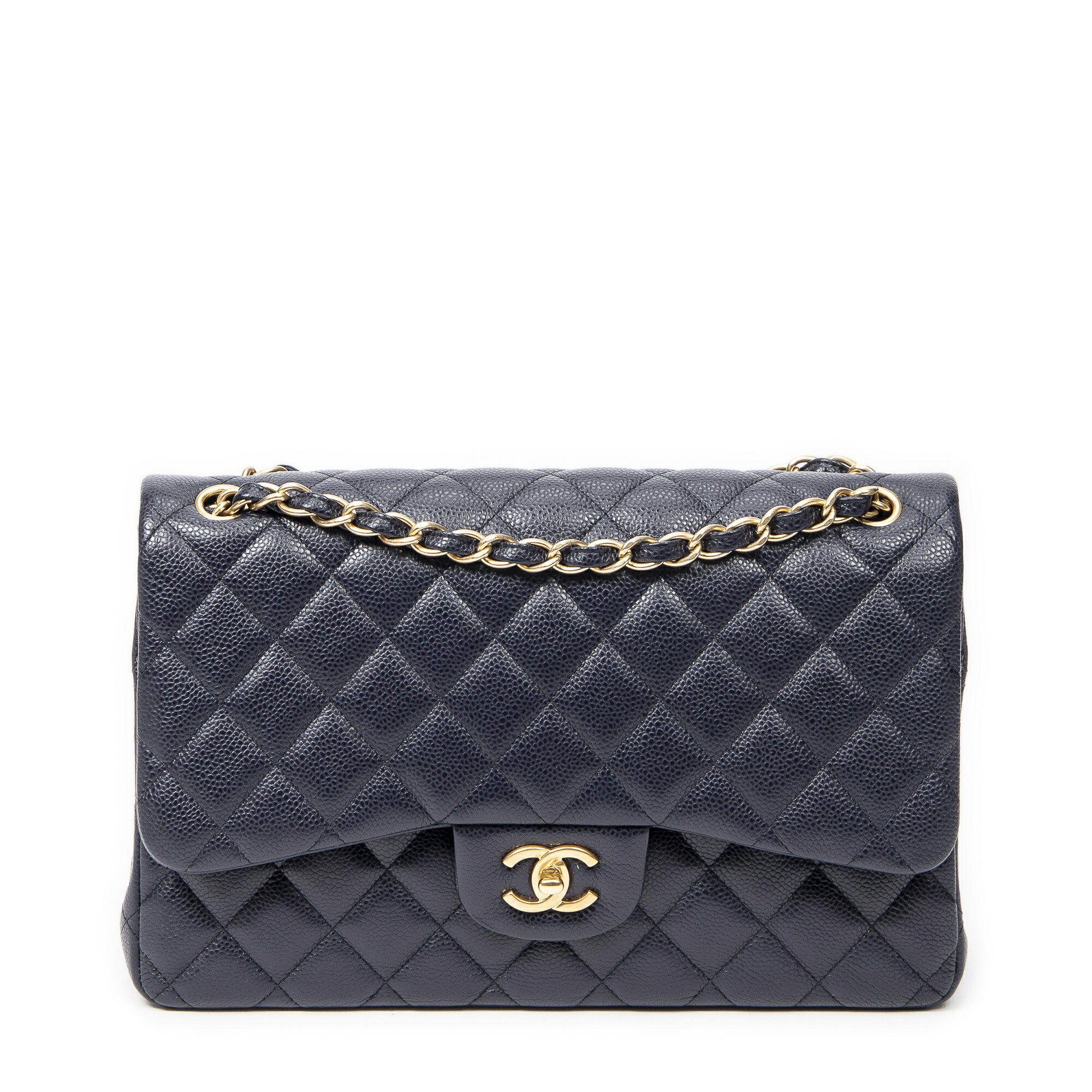 [中古] CHANEL シャネルデカマトラッセ ダブルフラップネイビーキルティングキャビアレザーA