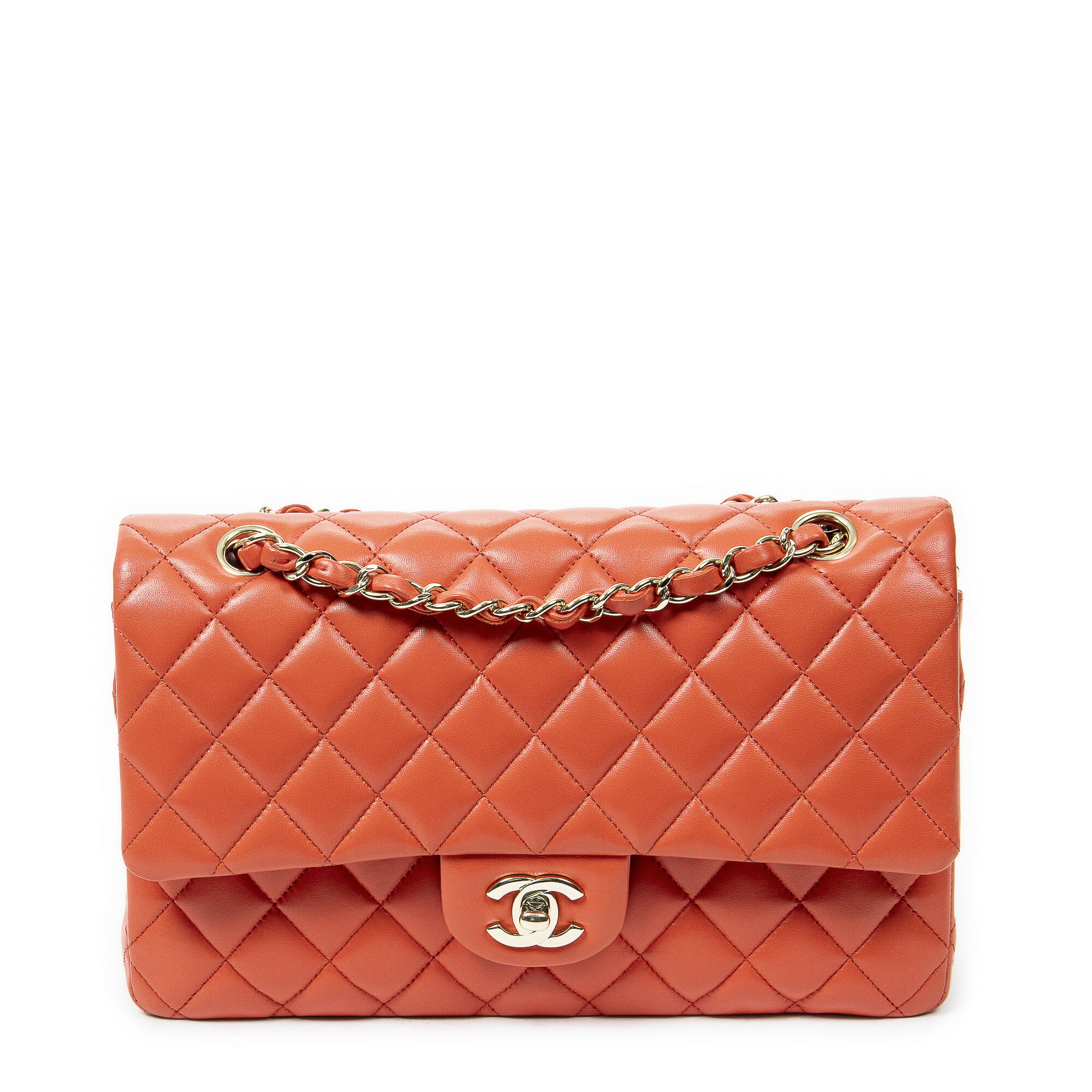 [中古] CHANEL シャネルマトラッセ WフラップコーラルレッドキルティングラムスキンレザーA