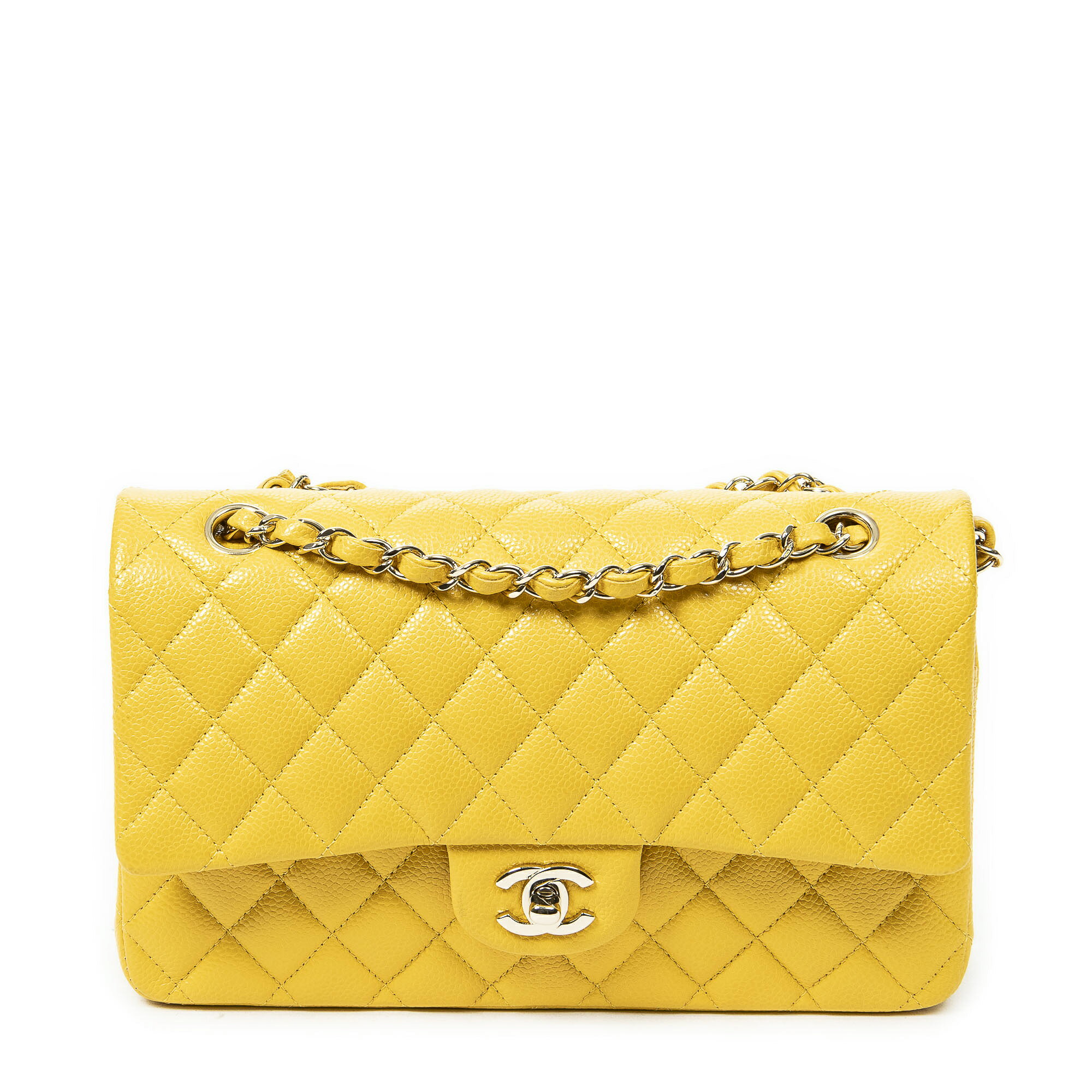 [中古] CHANEL シャネルマトラッセ Wフラップ黄色キルティングソフトキャビアA