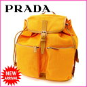 プラダ PRADA リュック メンズ可 オレンジ×ベージュ キャンバス×レザー 【中古】 J4724
