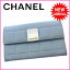 シャネル CHANEL コインケース 小銭入れ メンズ可 ロゴプレート付き チョコバー ライトブルー×シルバー レザー 【中古】 P066