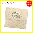 グッチ GUCCI Wホック財布 二つ折り財布 男女兼用 インターロッキングG 162759 ベージュ×ゴールド オーストリッチ 【中古】 J11364