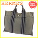 エルメス HERMES トートバッグ ハンドバッグ レディース メンズ 可 トートPM フールトゥ グレー×ブラック コットンキャンバス 人気 【中古】 T3982