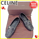 セリーヌ CELINE ローファー シューズ 靴 レディース ♯36ハーフC スクエアトゥ マカダムボタン ブラック×シルバー レザー 良品 セール 【中古】 J16372