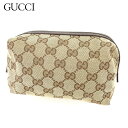 【中古】 グッチ GUCCI ポーチ 化粧ポーチ レディース メンズ ベージュ ブラウン キャンバス×レザー T9615