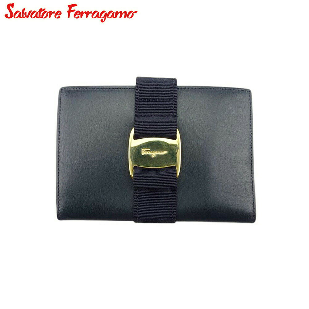【秋Sale】サルヴァトーレフェラガモ Salvatore Ferragamo パスポートケース ヴァラ ネイビー ゴールド レディース 中古