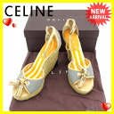 【送料無料】 セリーヌ CELINE サンダル シューズ 靴 レディース ♯37 ウェッジソール ベージュ×ゴールド×ナチュラル系 キャンバス×レザー (あす楽対応)未使用品 【中古】 J10121