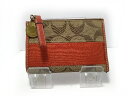 【新着】COACH(コーチ) コインケース シグネチャー柄 カーキ×オレンジ キーリング付き ジャガード×レザー【20200920】【中古】