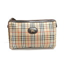 【中古】Burberry's(バーバリーズ) クラッチバッグ チェック柄 ベージュ×ダークブラウン×レッド ナイロンジャガード×レザー