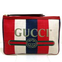 【新着】【中古】GUCCI(グッチ) グッチプリント クラッチバッグ アイボリー×レッド×ネイビー キャンバス×レザー