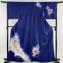 付下げ 優品 花車 草花 ぼかし 紺色 袷 身丈162cm 裄丈67cm M 正絹 【中古】