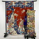 振袖 秀品 袋帯フルセット 貝桶 草花 紅型風 縮緬 朱色 袷 身丈163cm 裄丈64.5cm M 正絹 【中古】