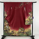 振袖 美品 秀品 扇面 草花 金彩 ぼかし えんじ色 袷 身丈159cm 裄丈64.5cm M 正絹 【中古】