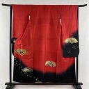 振袖 秀品 扇面 草花 金糸 銀通し 赤黒 袷 身丈156cm 裄丈64.5cm M 正絹 【中古】