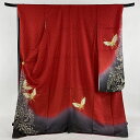 振袖 美品 秀品 蝶 草花 金糸 刺繍 赤 袷 身丈174cm 裄丈68cm L 正絹 【中古】