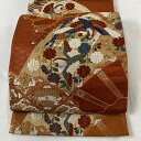 袋帯 秀品 扇 鳥 唐織 金糸 オレンジ 六通 正絹 【中古】