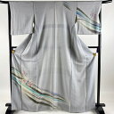 付下げ 優品 花 ぼかし 青灰色 袷 167.5cm 66.5cm M 正絹 【中古】