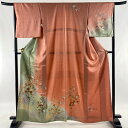 訪問着 秀品 草花 桧垣 金彩 染め分け サーモンピンク 袷 身丈164.5cm 裄丈67cm M 正絹 【中古】