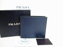 【未使用保管品】 プラダ PRADA サフィアーノ レザー 2つ折り財布 コンパクト財布 メンズ レディース ネイビー×ブラック 【中古】