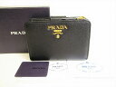 【未使用保管品】 プラダ PRADA サフィアーノ レザー 2つ折り 財布 コンパクト財布 コンパクトウォレット メンズ レディース ブラック×ハイビスカス×ホワイト 【中古】