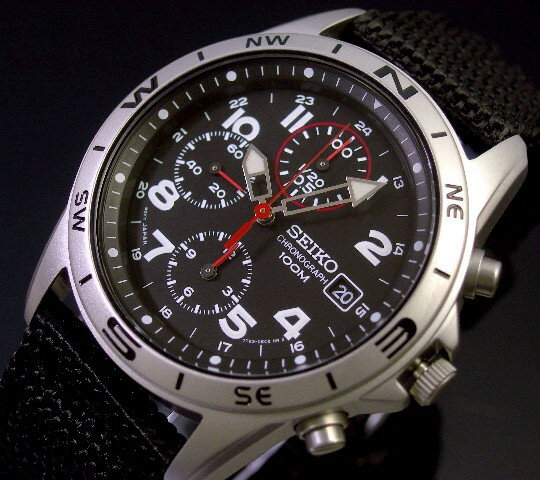 SEIKO/セイコー【クロノグラフ】ミリタリー メンズ腕時計　ブラックナイロンベルト　ブラック文字盤　SND399　海外モデル
