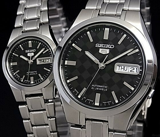 SEIKO/セイコー ペアウォッチ 自動巻腕時計【SEIKO5/セイコー5】メタルベルト　ブラック文字盤 JAPAN MADE セイコーファイブ　SNKG13J1/SYMH21J1