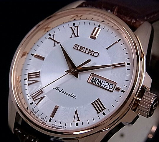 SEIKO/セイコー【PRESAGEメカニカル】自動巻 メンズ腕時計 ピンクゴールド ホワイト文字盤 ブラウンレザーベルト SRP188J1 Made in Japan 海外モデル