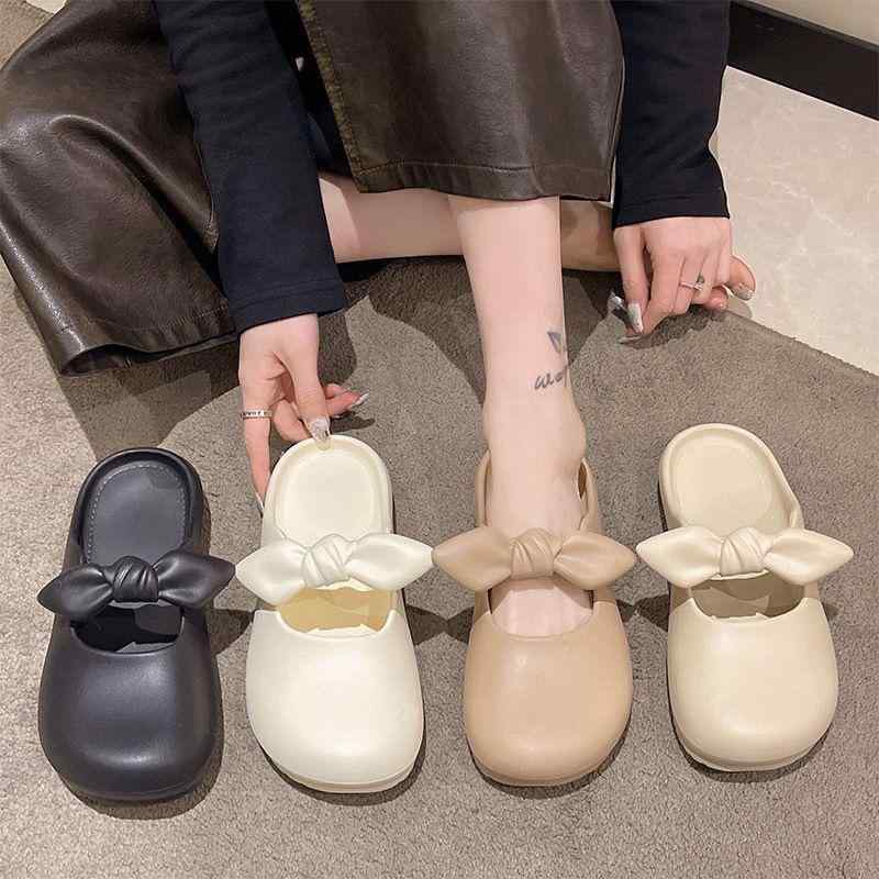 ミュール レディース 婦人靴 サンダル バックストラップ 蝶結び PVC 軽量 普段使い かわいい 浅咖 深咖 白 黒
