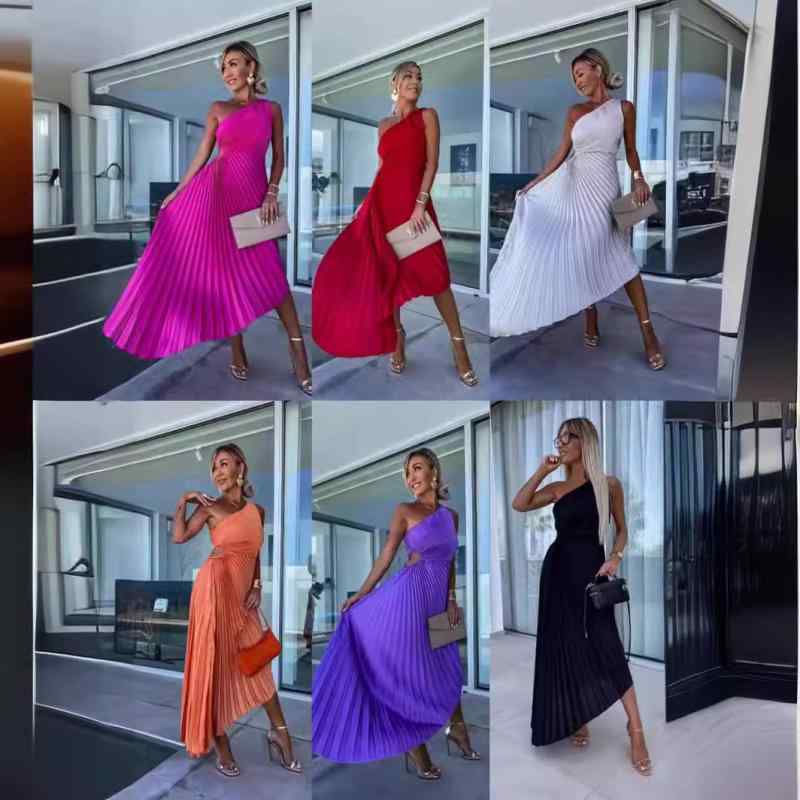 ワンピース レディース 無袖 斜めネック ギャザー 膝丈 ドレス ポリエステル ブラック ホワイト レッド パープル グリーン ブルー ピンク 伸縮性 通気性 着痩せ