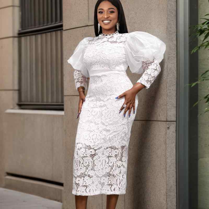 パーティードレス レディース レース 透け感 パフスリーブ 七分袖 スリム タイト ワンピース ポリエステル ホワイト ピンク 高腰 膝丈 ミディ丈 エレガント 通勤 パーティー