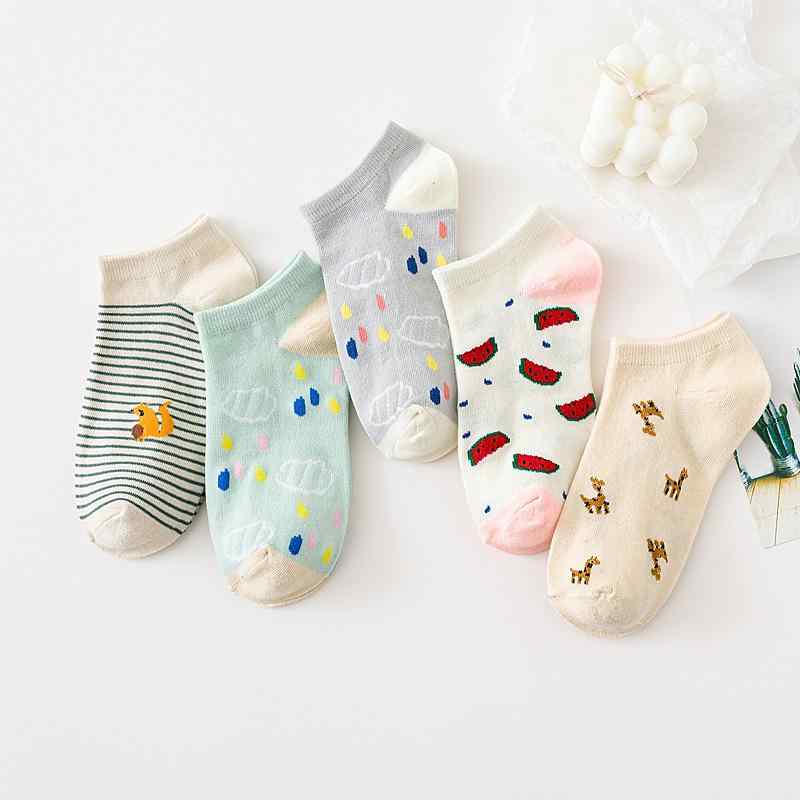 靴下 レディース 春夏 接触冷感 薄手 かわいい くるぶし丈 隠形 ショートソックス 144N 蒸れ防止 ポリエステル混紡 アニメ柄 カジュアル 小清新 短竖条小熊 爱心(x5)