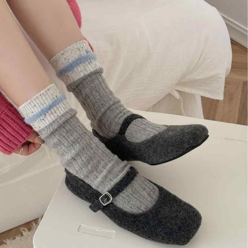 靴下 レディース 厚手 ウール 混紡 ソックス リブ編み 配色 秋冬 あったか カジュアル かわいい