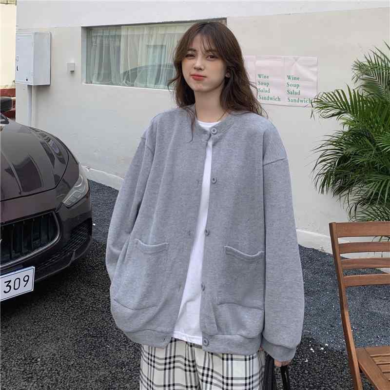 パーカー レディース 韓国 無地 ボタン留め カーディガン 薄手 トップス グレー 黒 白 紫 青 緑 春秋 ミドル丈 ゆったり ラウンドネック 長袖 ドロップショルダー カジュアル
