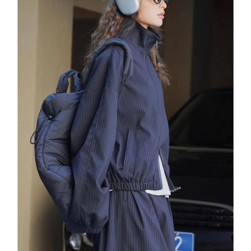 ジャケット レディース 春秋 ストライプ柄 TR素材 立襟 普段使い 韓国 紺色 グレー