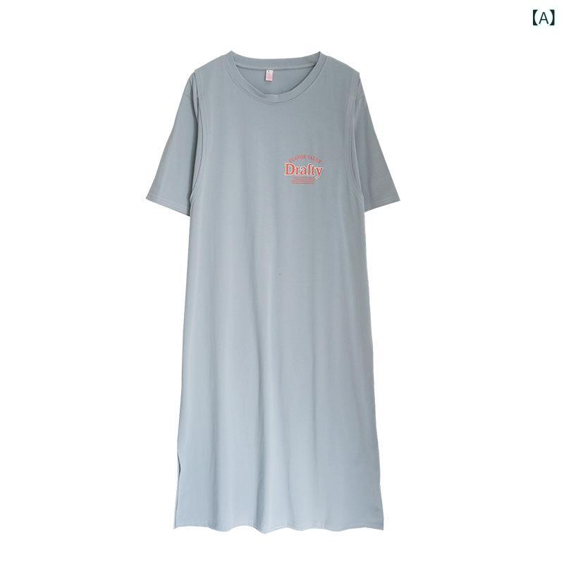 授乳 ネグリジェ 夏 薄手 産後 綿 服 授乳 外出 マタニティパジャマ ホーム 半袖 ドレス(x2)