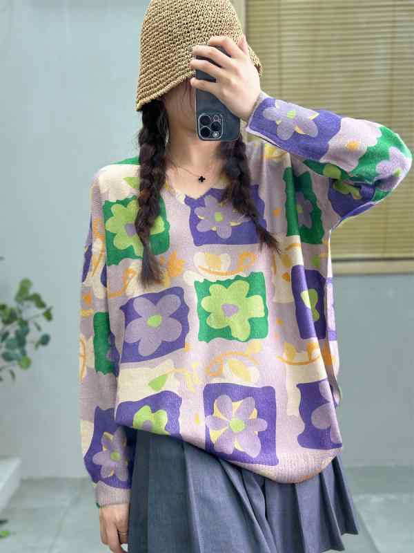 ニット レディース ファー Vネック プルオーバー ゆったり 花柄 プリント トップス 秋冬 あったか 暖かい きれいめ かわいい(x5)