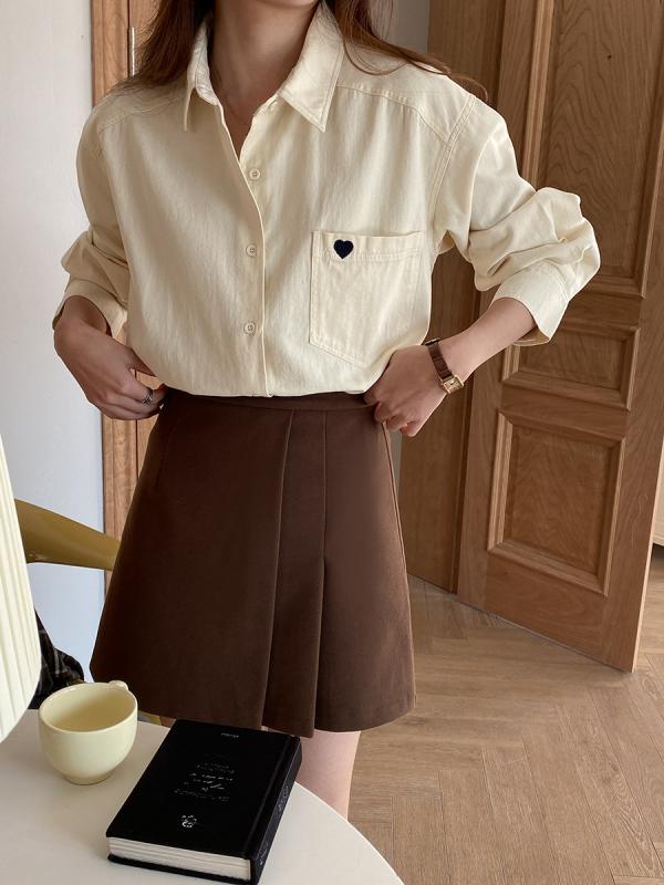 シャツ レディース コットン トップス 長袖 無地 ゆったり ミドル丈 ポロ襟 ポケット 刺繍 アイボリー系 イエロー系 ブラウン系