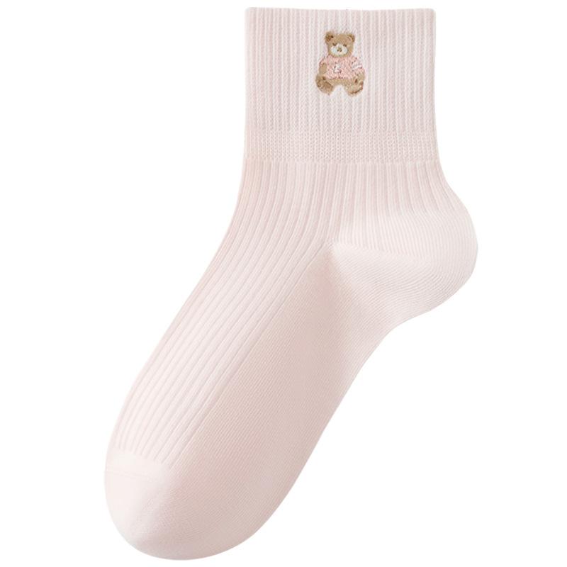 靴下 レディース ソックス 綿100% ショート丈 くま 刺繍 春夏 薄手 学生 リブ かわいい 通学 普段使い 抗菌 防臭 吸汗 滑り止め ブラック ホワイト ピンク系 ブルー系
