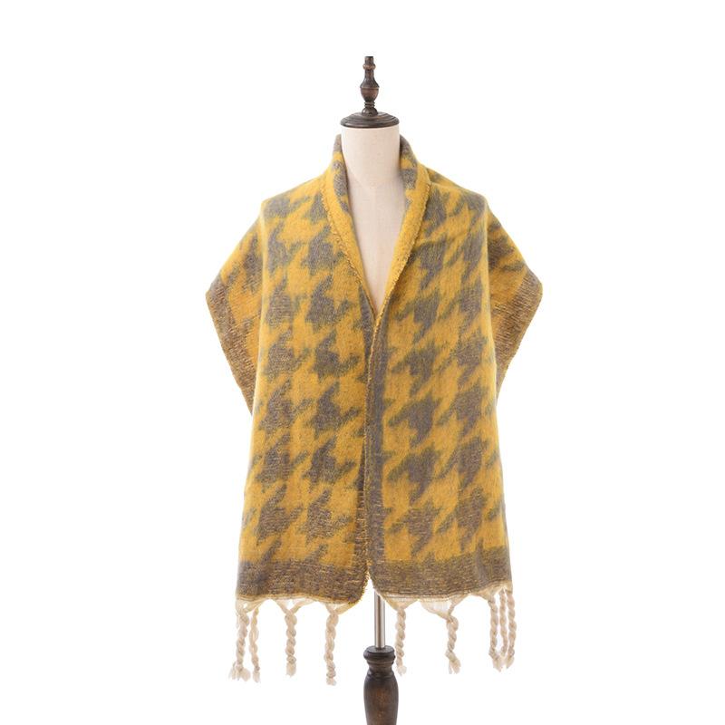 マフラー レディース 秋冬 千鳥格子 モヘア あったか ストール 暖かい ショール 防寒 房付き 婦人 女性 ポリエステル 欧美風