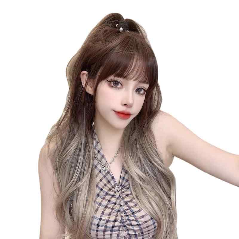 ウィッグ レディース グラデーションカラー ロング カール フルウィッグ ヘアスタイル ファッション 黒 ブラウン系 米白 耐熱 普段使い