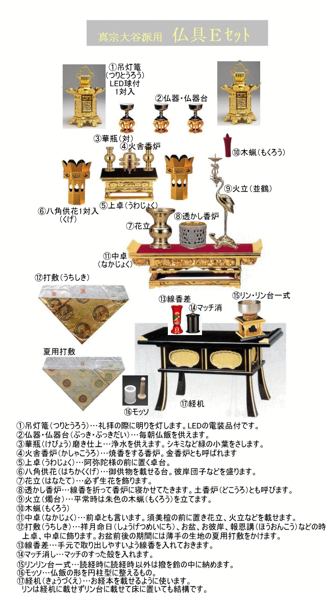 『真宗大谷派（門徒東）』台付仏壇用仏具セット見積もり済み注文専用（価格はサイズ種類により異なります）